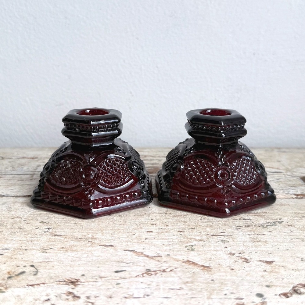 Avon 1876 Cape Cod Ruby Red Pressed Glass Hexagon Taper Holders Pair CSGA